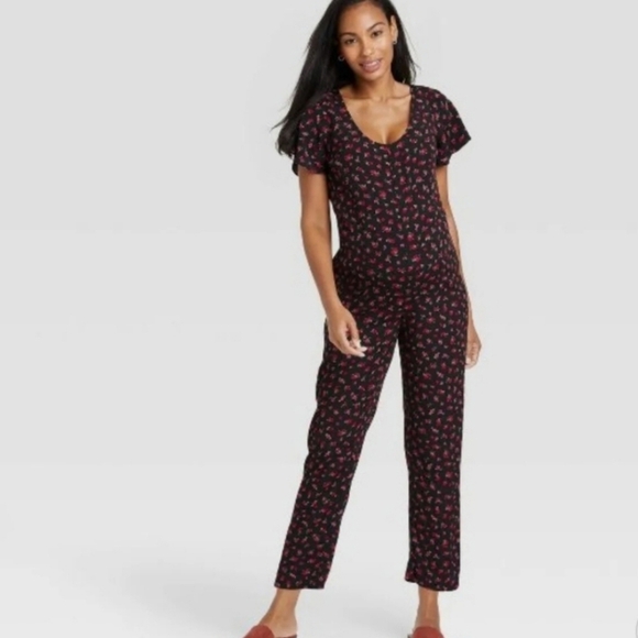 The nines by Hatch | women black jumpsuit with red floral Print Pockets Comfy - Picture 1 of 7